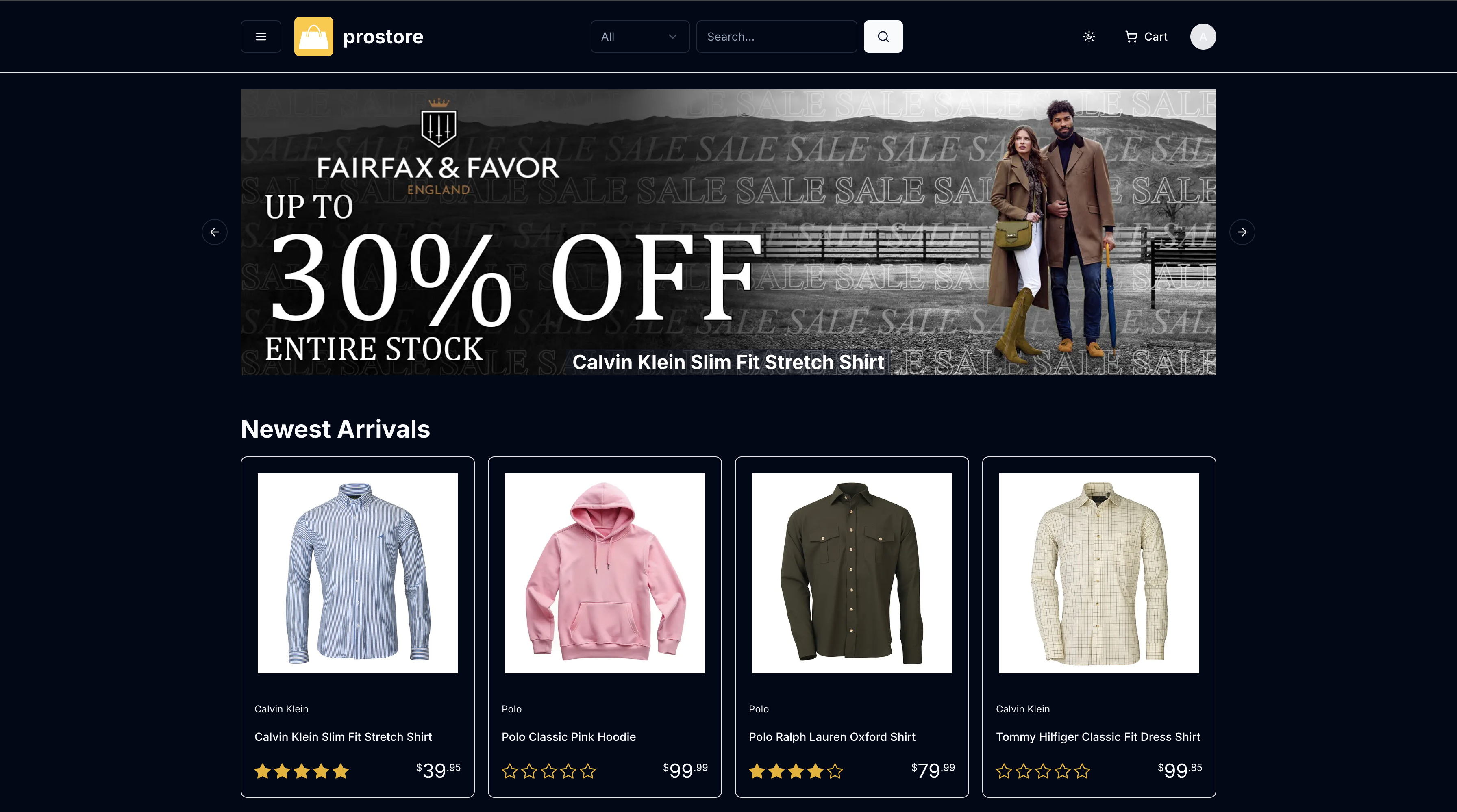 Prostore ecommerce platform screenshot